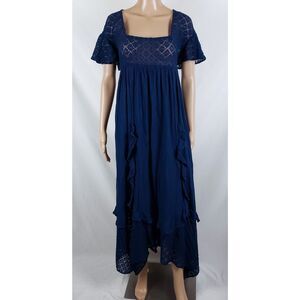 Free People Bring the Romance Midi Dress Womens XS Blue Sheer Lace Ruffles